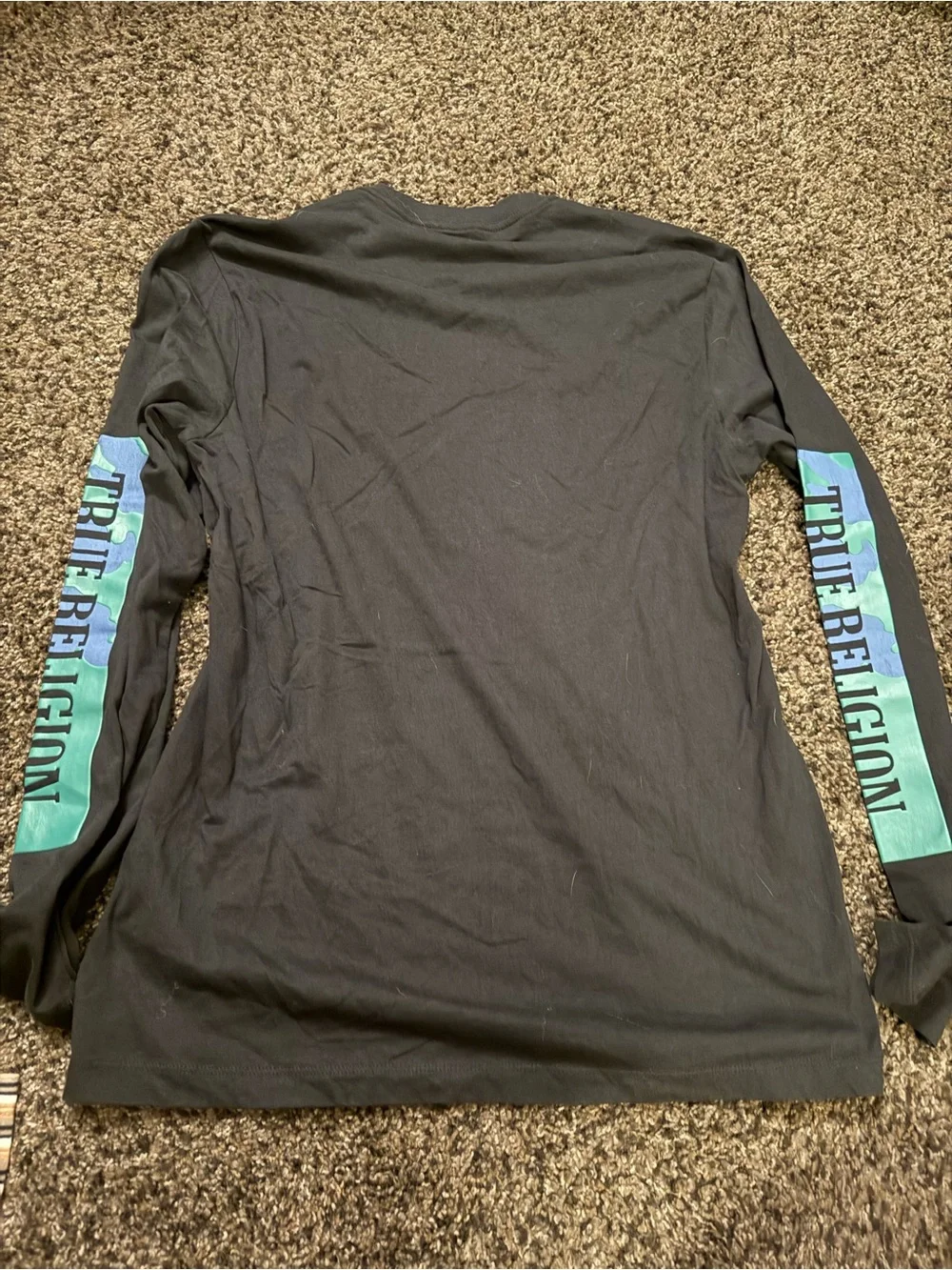 True Religion Black Long Sleeve Crew with Teal Sleeve Accents